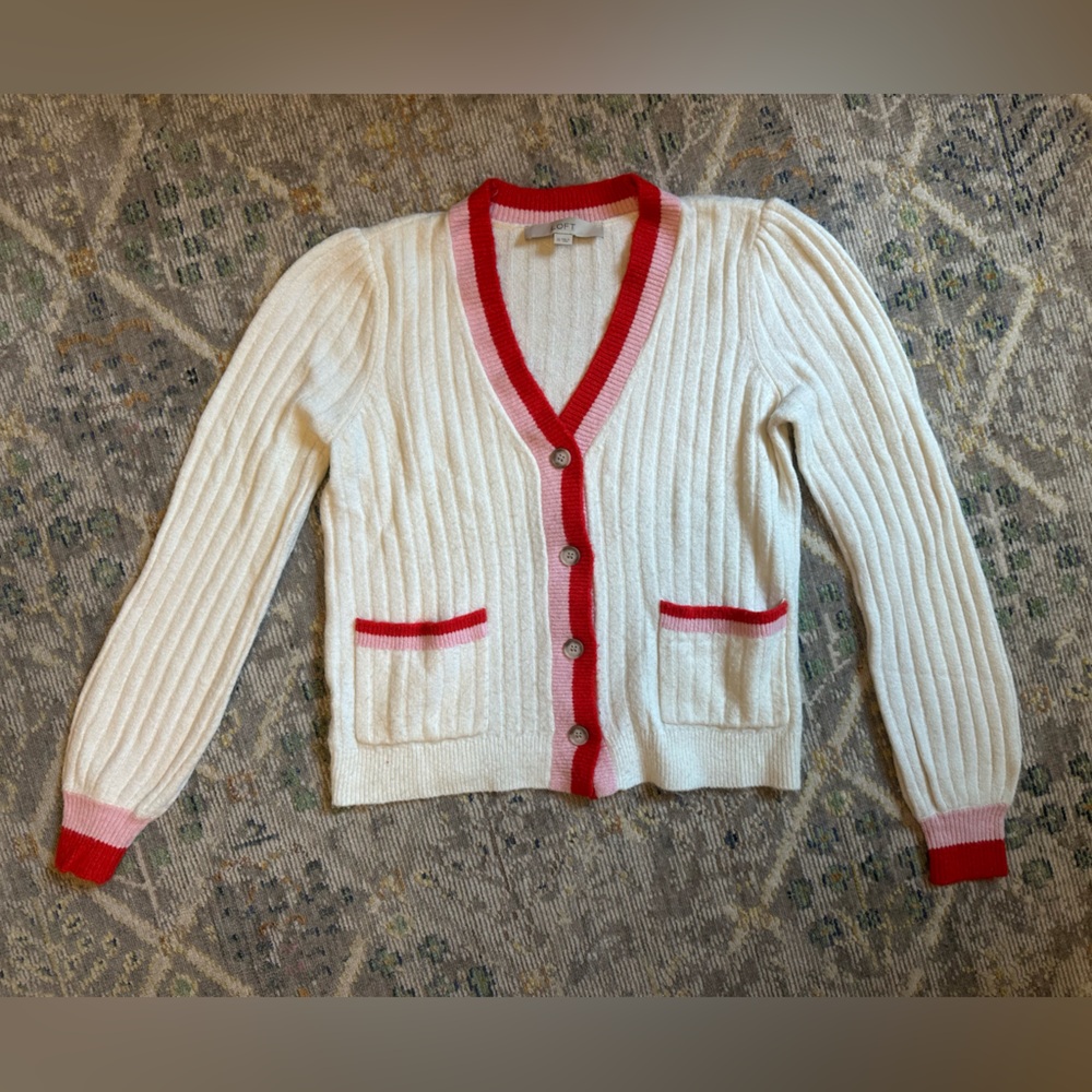 LOFT Cream and Red Ribbed Cardigan Sweater